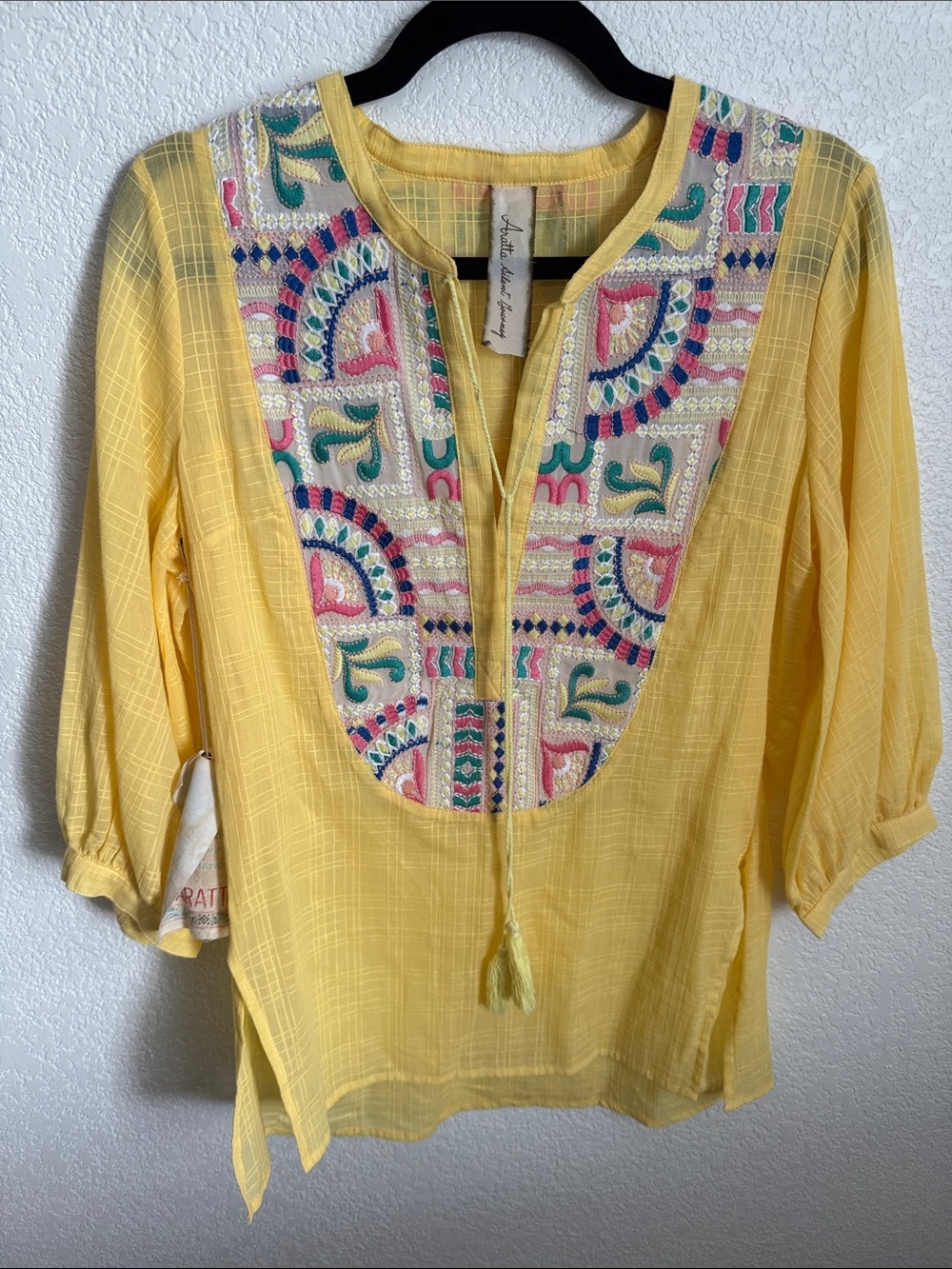 Aratta Yellow Embroidered Top Size S NEW